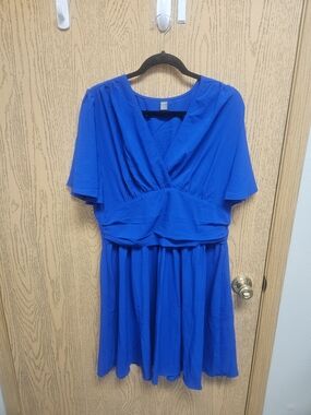 SHEIN Royal Blue V-Neck Flutter Sleeve Midi Dress